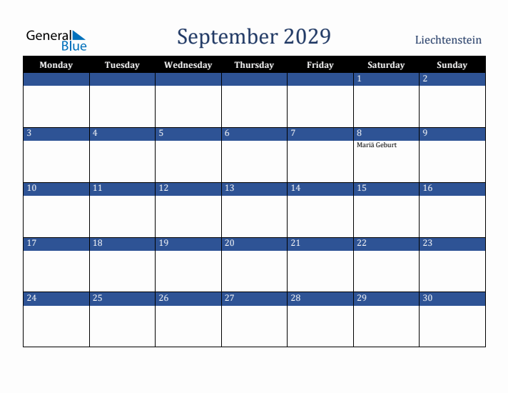 September 2029 Liechtenstein Calendar (Monday Start)