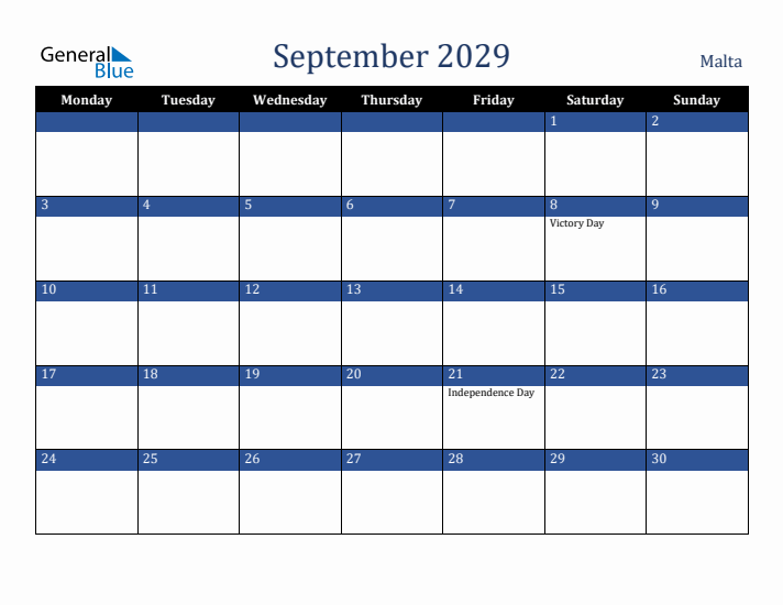 September 2029 Malta Calendar (Monday Start)