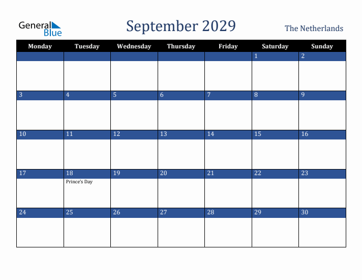 September 2029 The Netherlands Calendar (Monday Start)