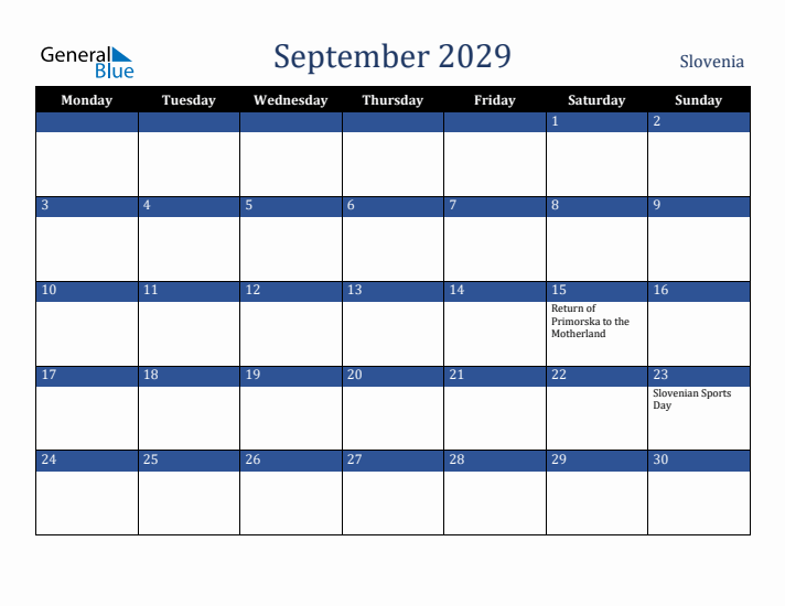 September 2029 Slovenia Calendar (Monday Start)