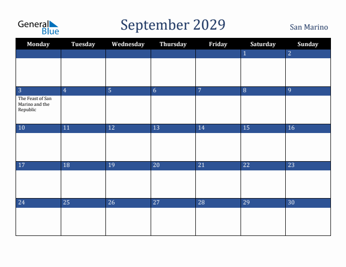 September 2029 San Marino Calendar (Monday Start)