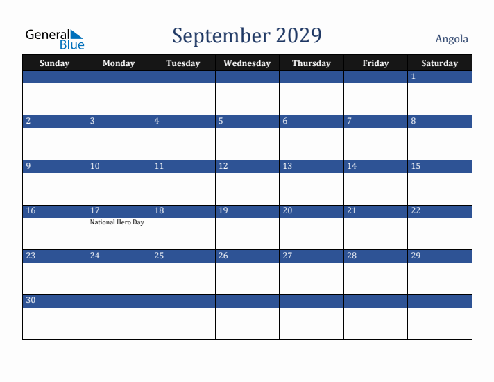 September 2029 Angola Calendar (Sunday Start)