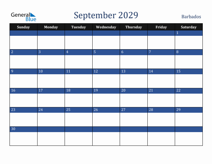 September 2029 Barbados Calendar (Sunday Start)