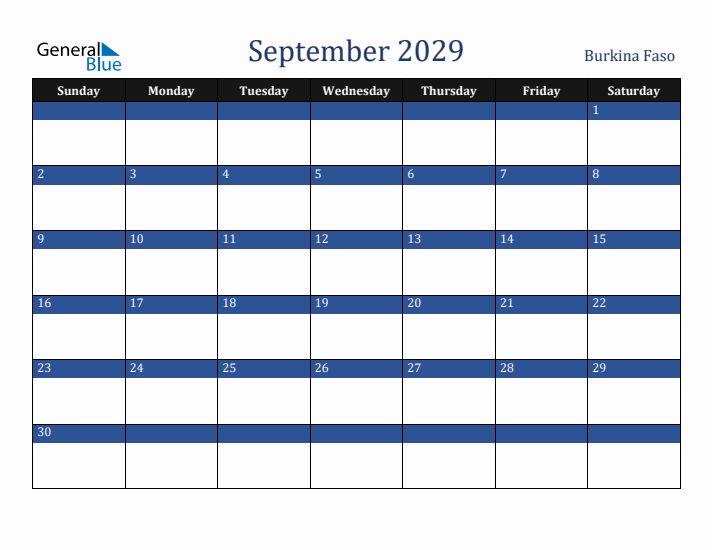 September 2029 Burkina Faso Calendar (Sunday Start)