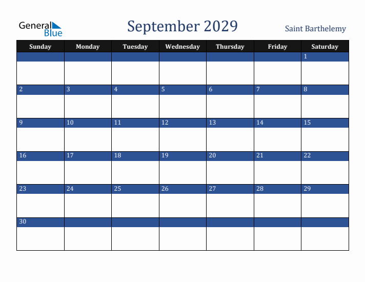 September 2029 Saint Barthelemy Calendar (Sunday Start)