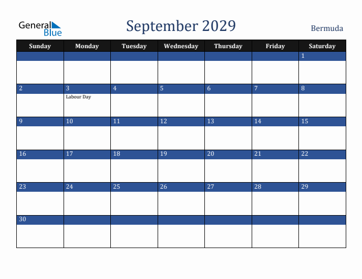 September 2029 Bermuda Calendar (Sunday Start)