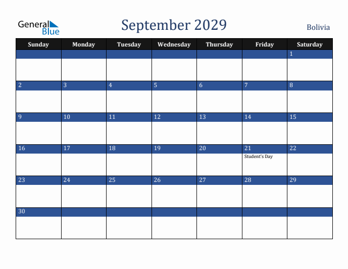 September 2029 Bolivia Calendar (Sunday Start)