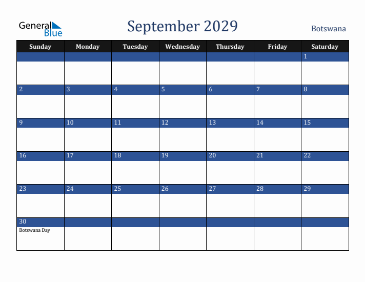 September 2029 Botswana Calendar (Sunday Start)