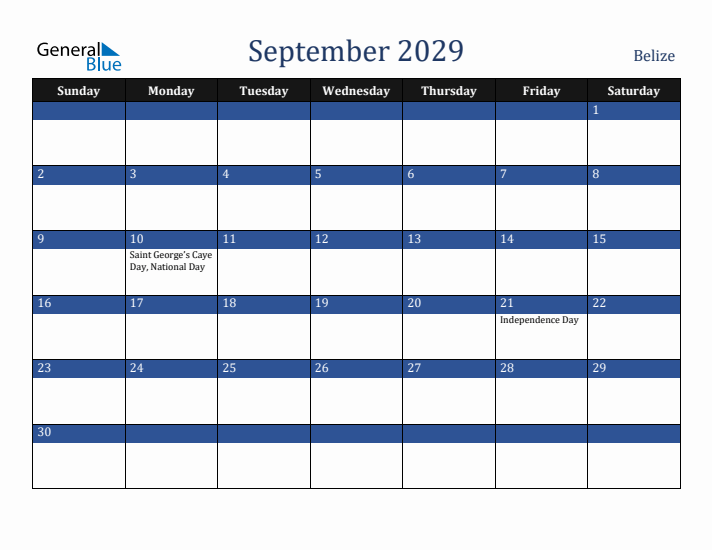 September 2029 Belize Calendar (Sunday Start)
