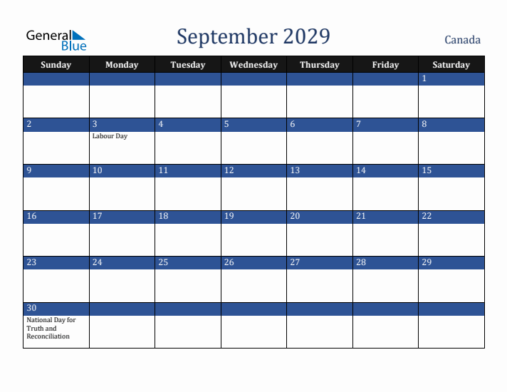 September 2029 Canada Calendar (Sunday Start)