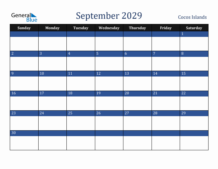 September 2029 Cocos Islands Calendar (Sunday Start)