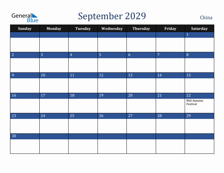 September 2029 China Calendar (Sunday Start)