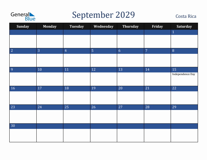 September 2029 Costa Rica Calendar (Sunday Start)