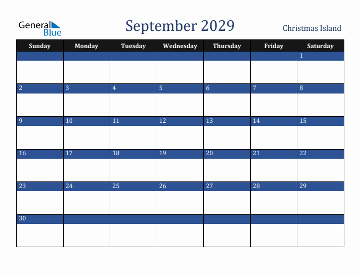 September 2029 Christmas Island Calendar (Sunday Start)