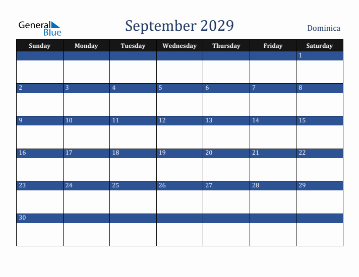 September 2029 Dominica Calendar (Sunday Start)