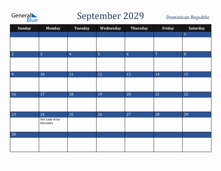 September 2029 Dominican Republic Calendar (Sunday Start)