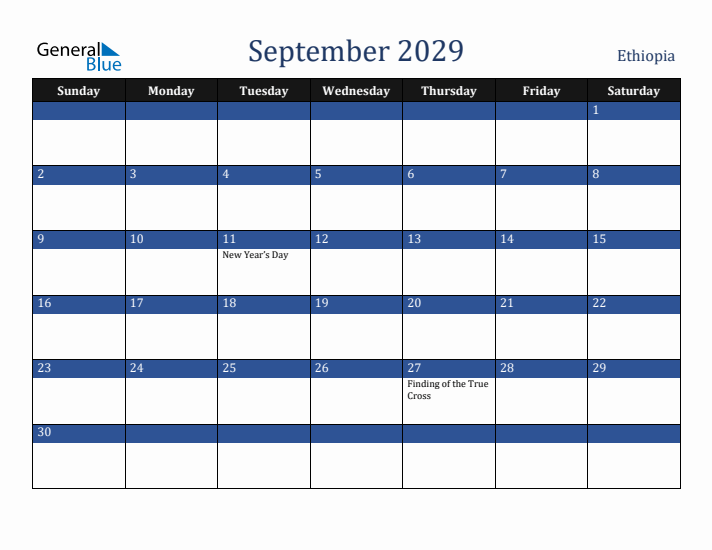 September 2029 Ethiopia Calendar (Sunday Start)