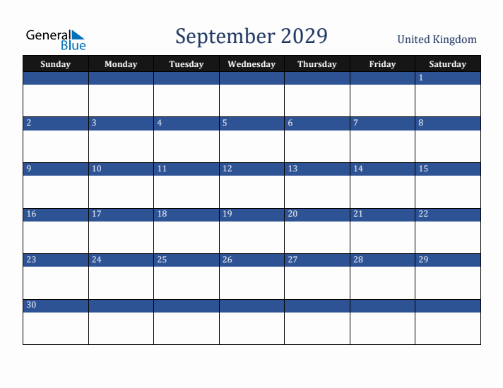 September 2029 United Kingdom Calendar (Sunday Start)