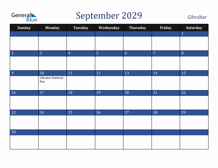September 2029 Gibraltar Calendar (Sunday Start)