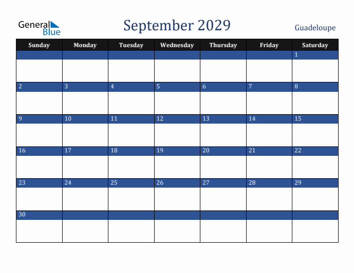 September 2029 Guadeloupe Calendar (Sunday Start)