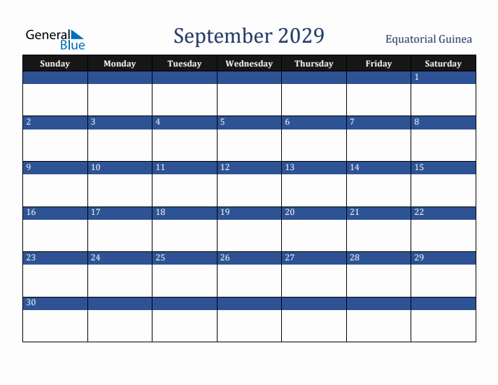 September 2029 Equatorial Guinea Calendar (Sunday Start)