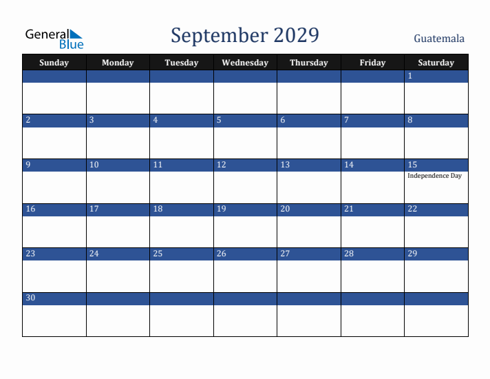 September 2029 Guatemala Calendar (Sunday Start)