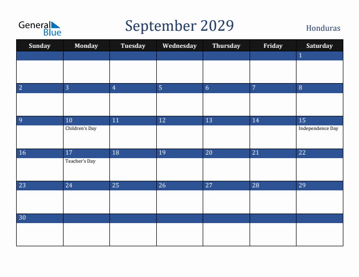 September 2029 Honduras Calendar (Sunday Start)