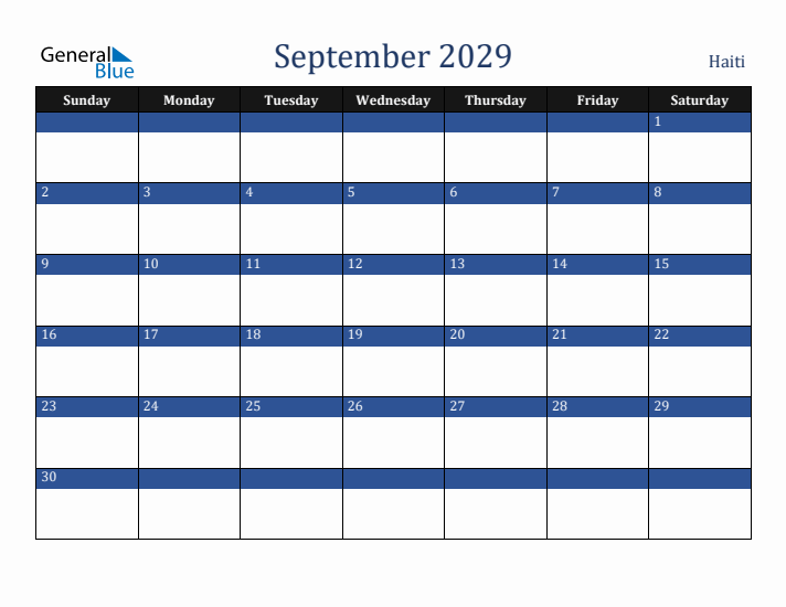 September 2029 Haiti Calendar (Sunday Start)