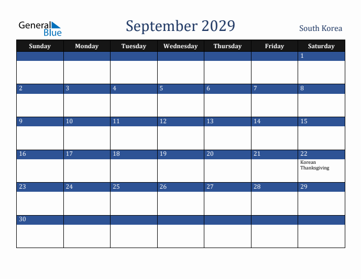 September 2029 South Korea Calendar (Sunday Start)