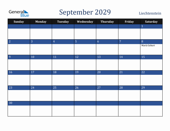 September 2029 Liechtenstein Calendar (Sunday Start)