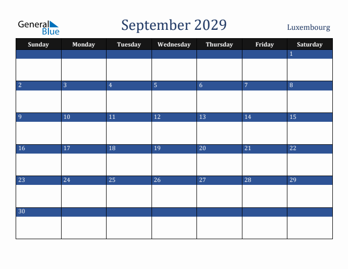 September 2029 Luxembourg Calendar (Sunday Start)