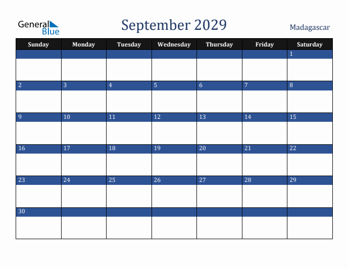 September 2029 Madagascar Calendar (Sunday Start)