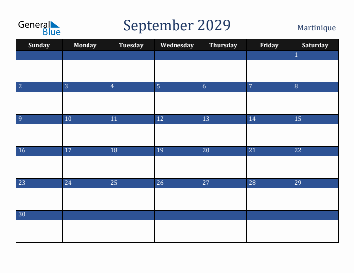 September 2029 Martinique Calendar (Sunday Start)