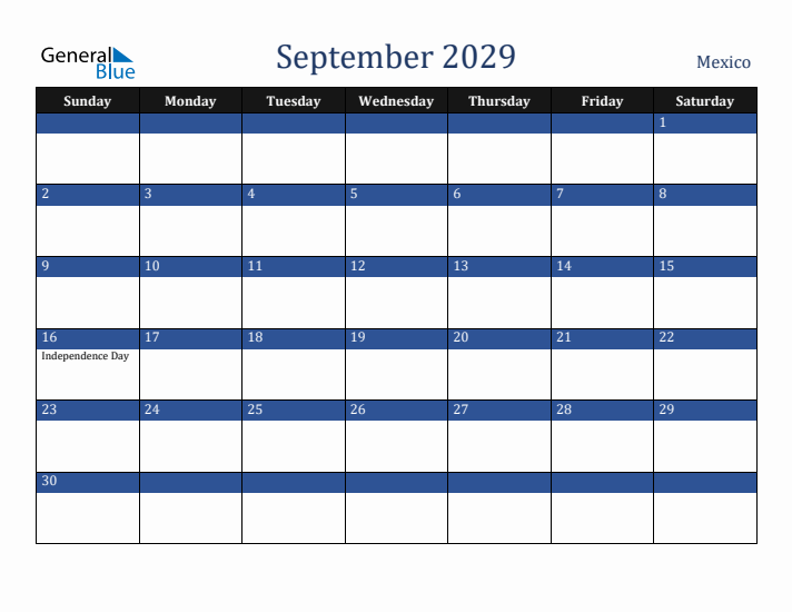 September 2029 Mexico Calendar (Sunday Start)