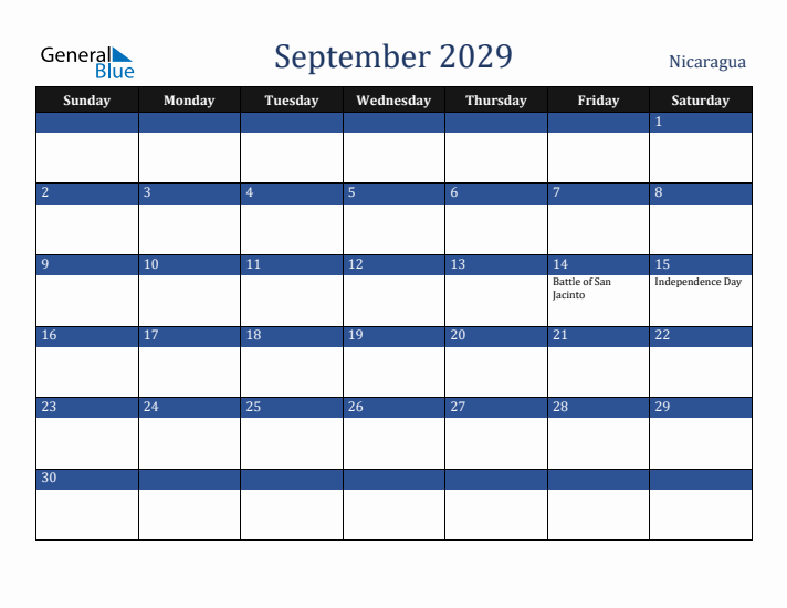 September 2029 Nicaragua Calendar (Sunday Start)
