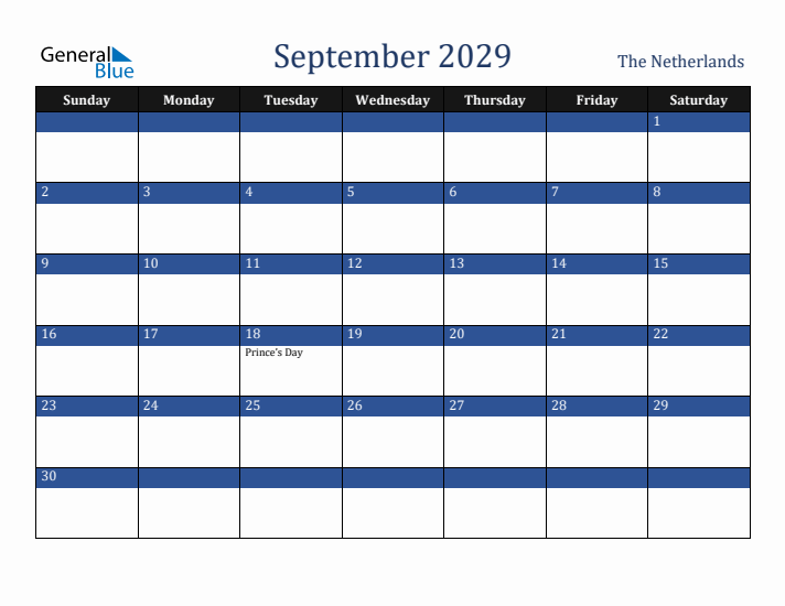 September 2029 The Netherlands Calendar (Sunday Start)