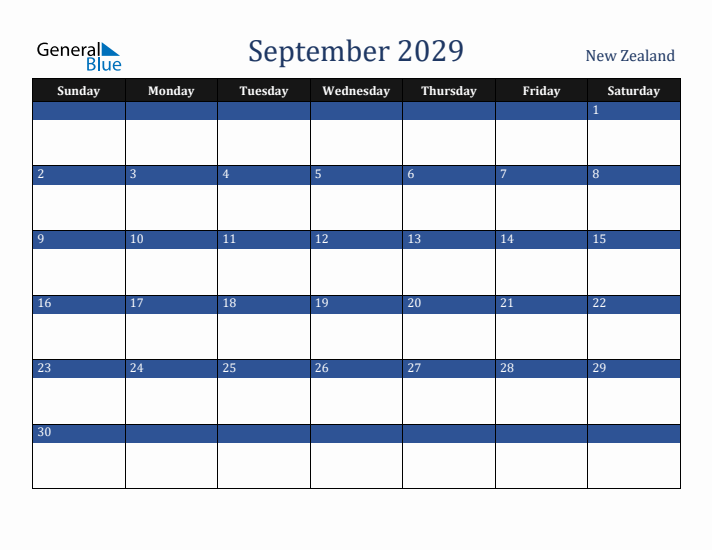 September 2029 New Zealand Calendar (Sunday Start)