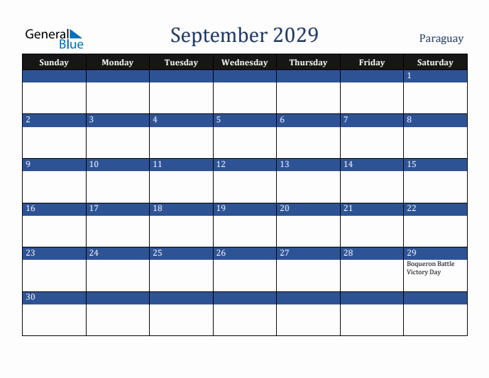 September 2029 Paraguay Calendar (Sunday Start)