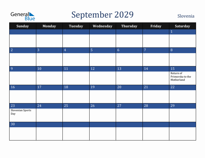 September 2029 Slovenia Calendar (Sunday Start)