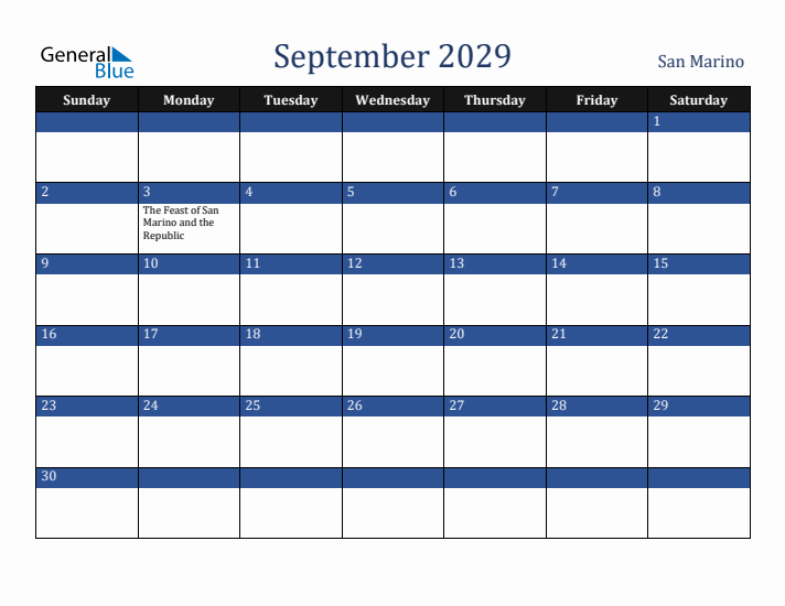 September 2029 San Marino Calendar (Sunday Start)
