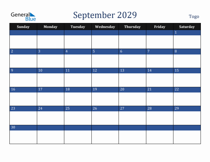 September 2029 Togo Calendar (Sunday Start)