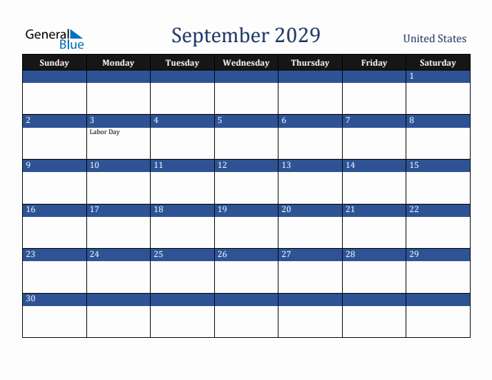 September 2029 United States Calendar (Sunday Start)