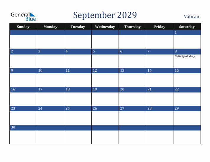 September 2029 Vatican Calendar (Sunday Start)
