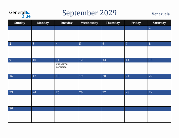 September 2029 Venezuela Calendar (Sunday Start)