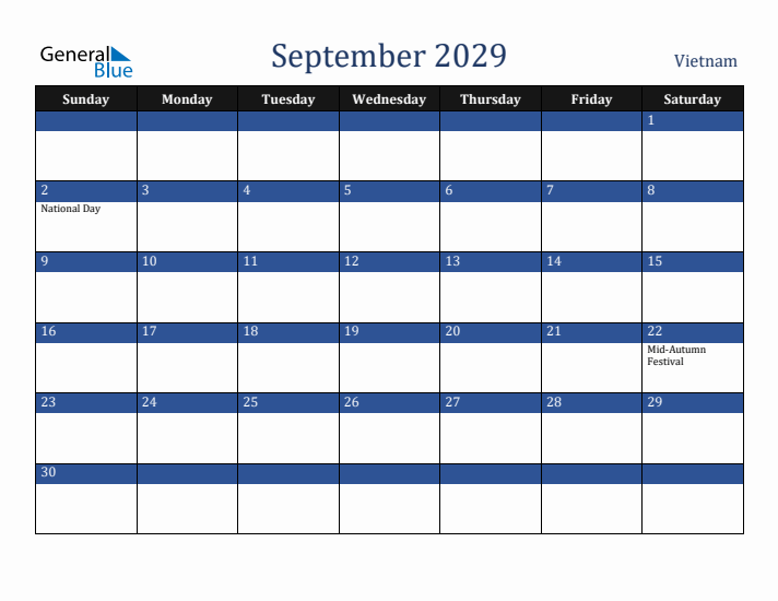 September 2029 Vietnam Calendar (Sunday Start)