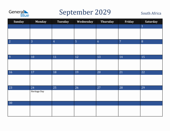 September 2029 South Africa Calendar (Sunday Start)