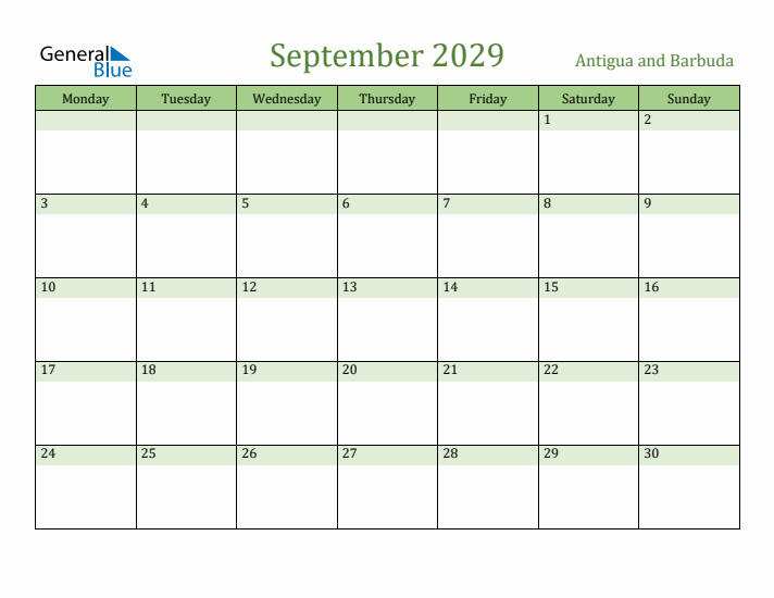 September 2029 Calendar with Antigua and Barbuda Holidays