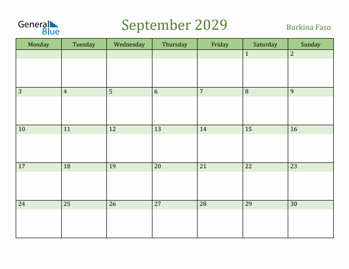 September 2029 Calendar with Burkina Faso Holidays