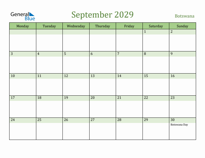 September 2029 Calendar with Botswana Holidays