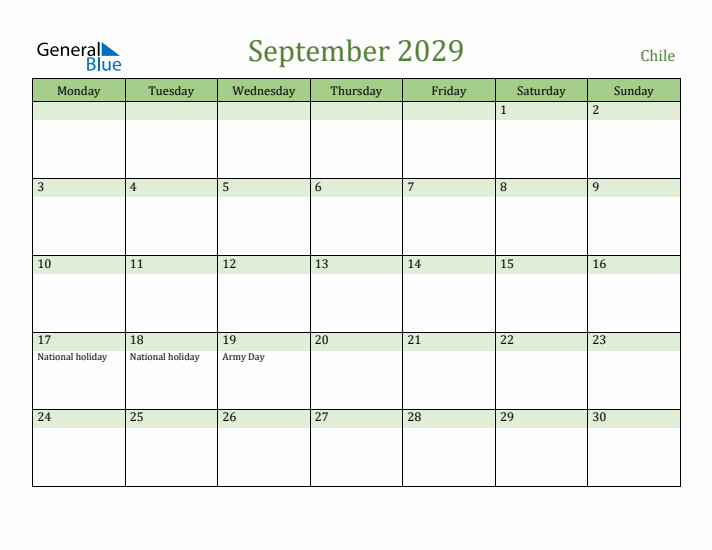 September 2029 Calendar with Chile Holidays